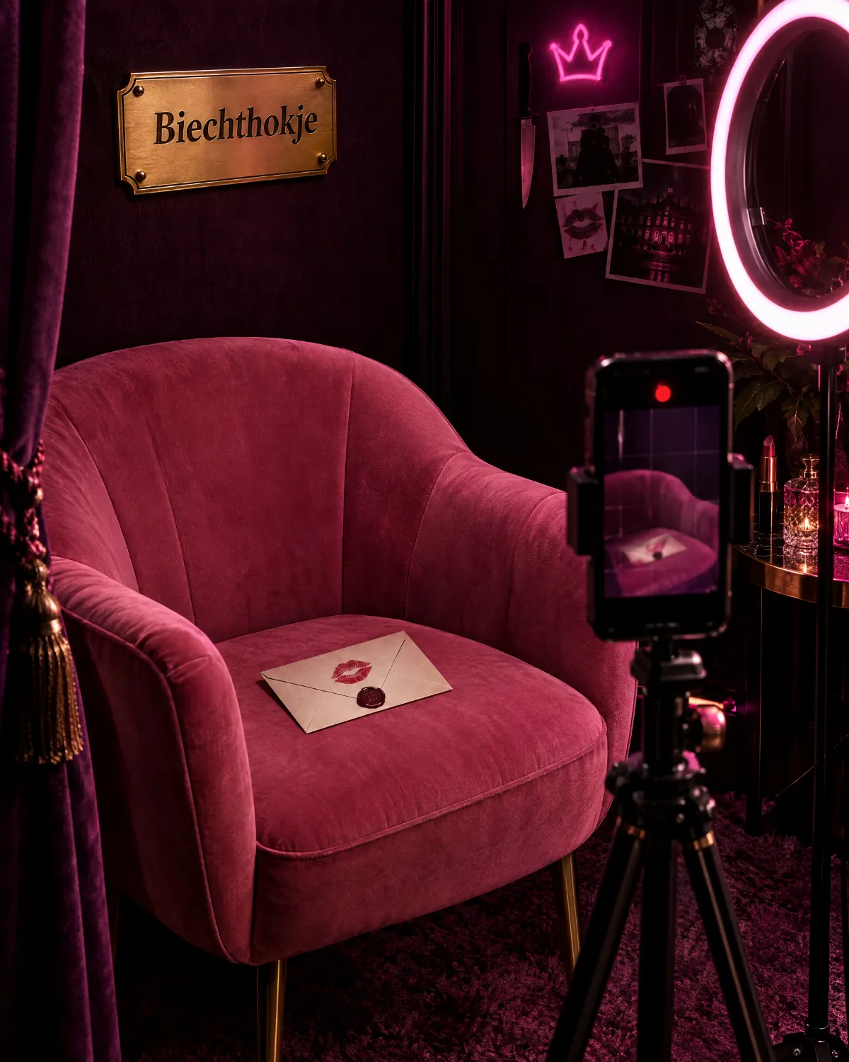 Een fluwelen stoel met ringlamp en een telefoon die opneemt: het biechthokje