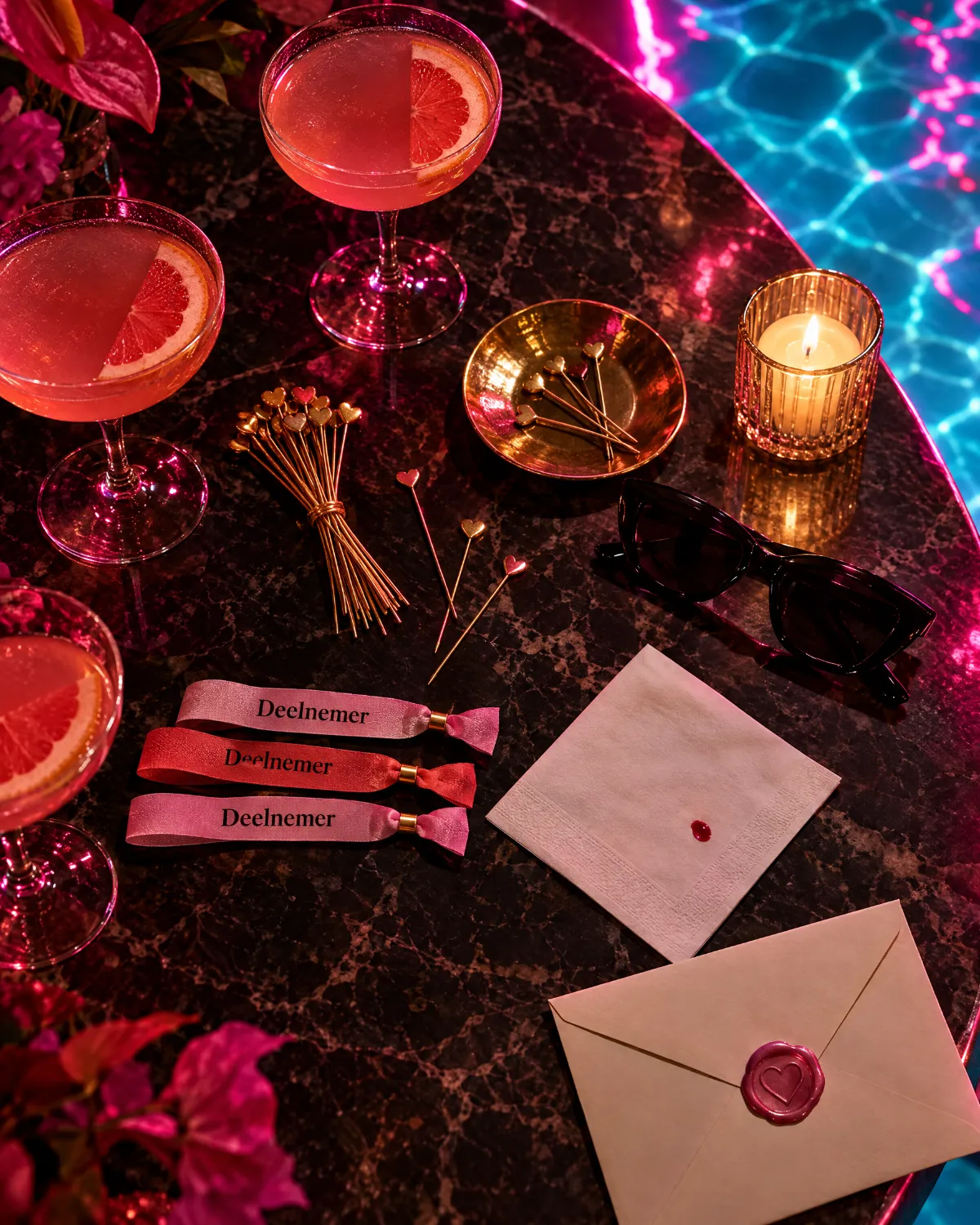 Roze cocktails, gouden prikkers met hartjes en polsbandjes met 'Deelnemer'