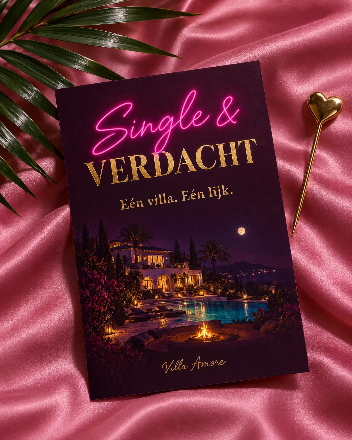 De uitnodiging voor Single & Verdacht op roze satijn