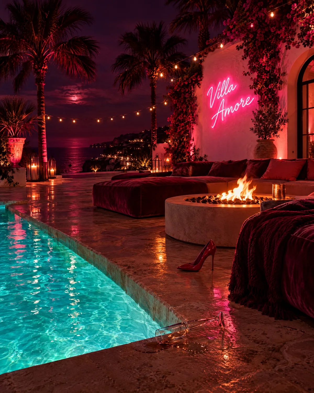 Het terras van Villa Amore bij nacht: zwembad, vuurkorf en een roze neonbord